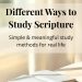 Different ways to study scripture title image with a notebook and pen on a desk, soft neutral background and text about simple and meaningful scripture study methods