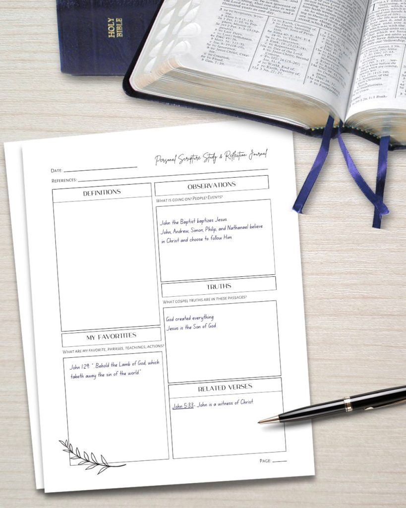 Guided scripture study journal page with prompts for definitions, observations, truths, and related verses, shown with a Bible and pen on a desk