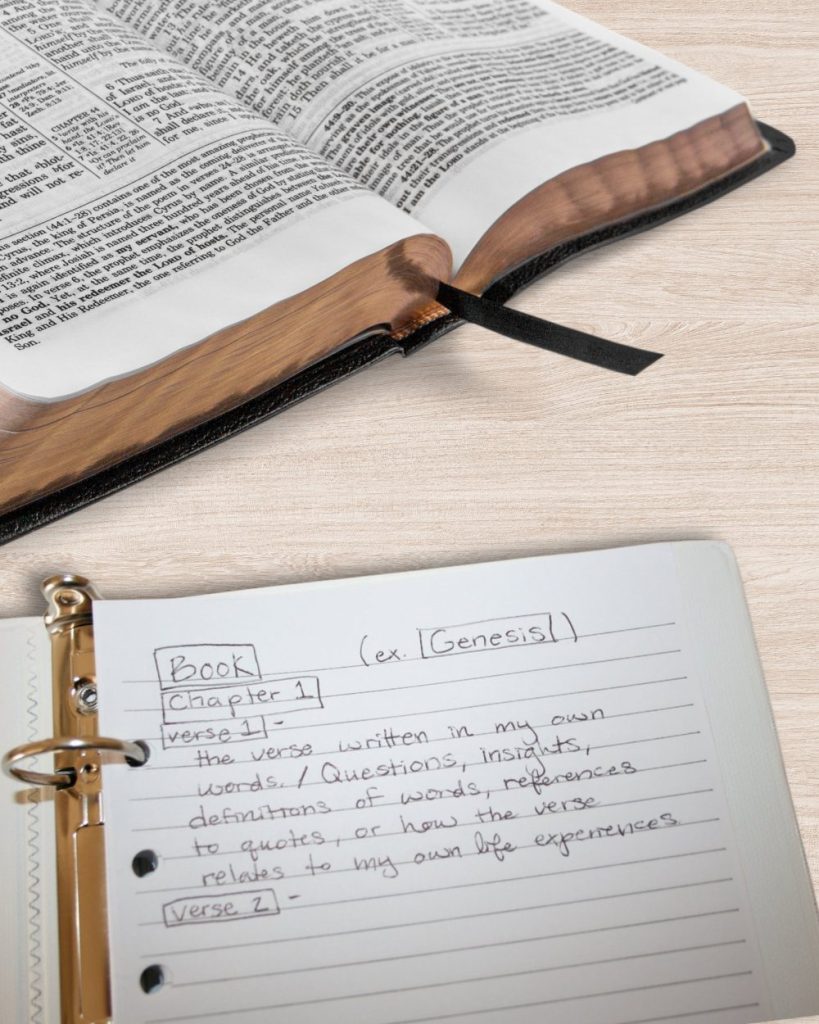Verse-by-verse scripture study example with handwritten notes in a notebook, showing how to study scripture one verse at a time with observations and reflections