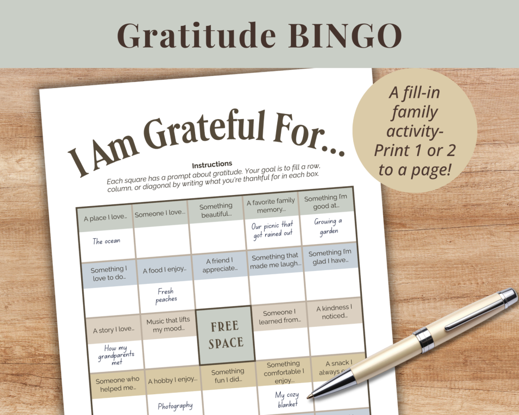 Fillable Gratitude Bingo Challenge for families