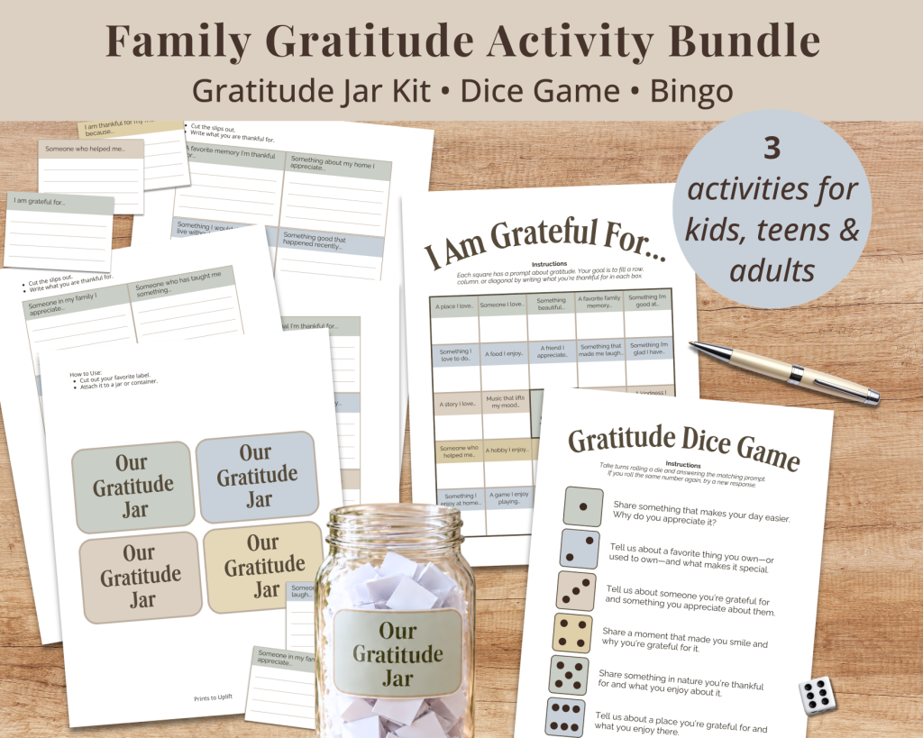 Gratitude Jar kit and Gratitude Bingo and Gratitude Dice Game all bundled together